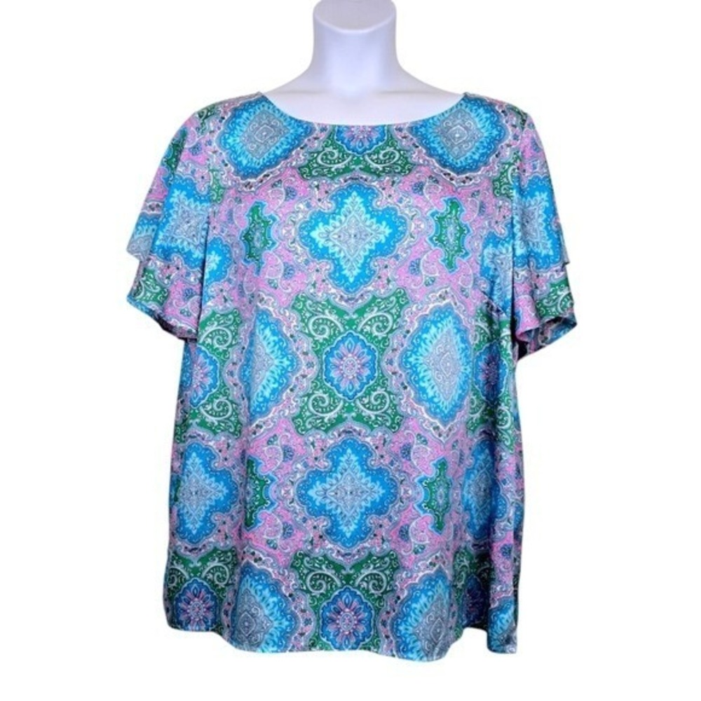 Talbots Womens Pink Blue Flutter Sleeve Paisley Print Silky Satin Blouse Size 3X